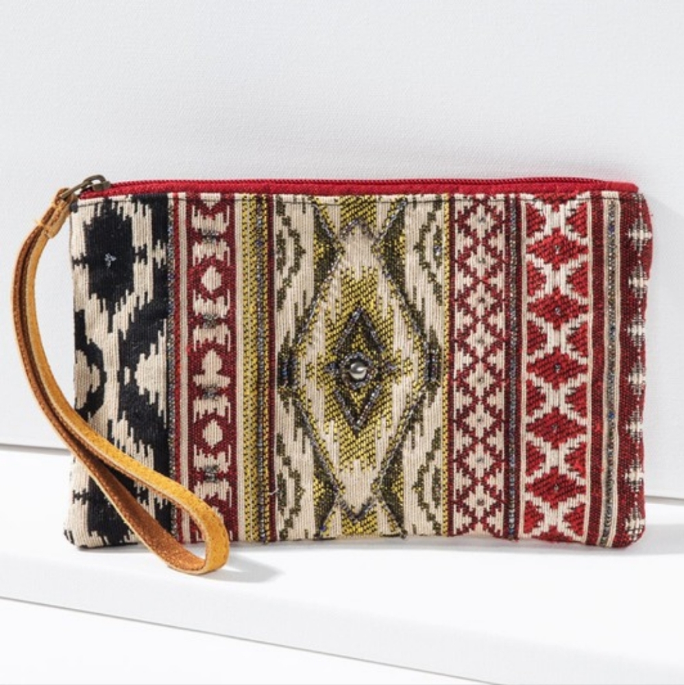 Handmade Hand Beaded Wristlet Clutch - Ethnic Inspired Design - Dyed Fine Cotton - Picture 2 of 7